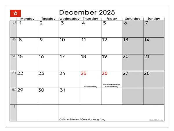 Free printable calendar Hong Kong, December 2025. Week:  Monday to Sunday