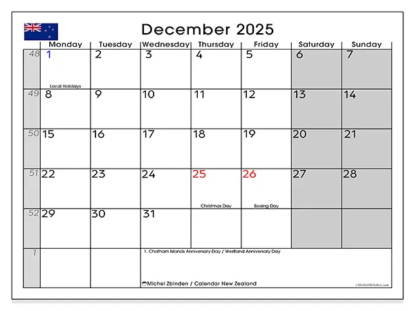 Free printable calendar New Zealand, December 2025. Week:  Monday to Sunday
