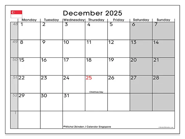 Free printable calendar Singapore, December 2025. Week:  Monday to Sunday