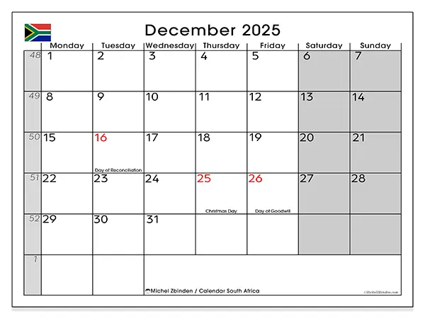 Free printable calendar South Africa, December 2025. Week:  Monday to Sunday