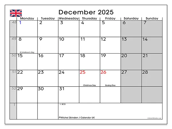 Free printable calendar UK, December 2025. Week:  Monday to Sunday
