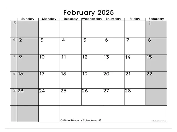 Free printable calendar n° 43 for February 2025. Week: Sunday to Saturday.
