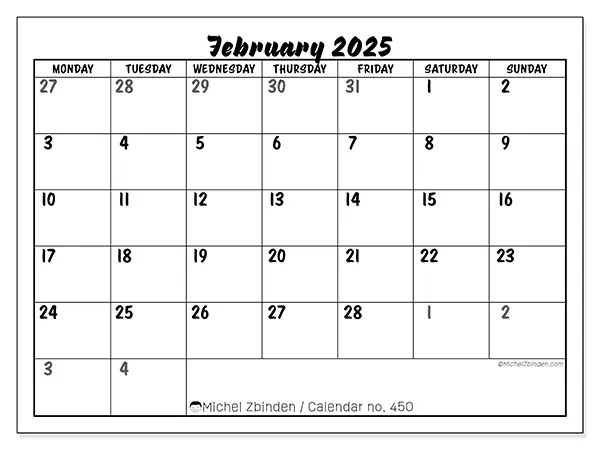 Free printable calendar n° 450 for February 2025. Week: Monday to Sunday.