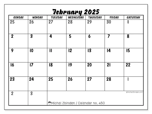 Free printable calendar n° 450 for February 2025. Week: Sunday to Saturday.