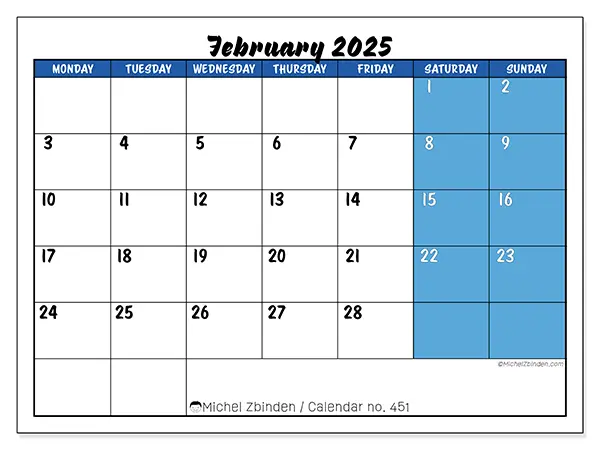 Free printable calendar n° 451 for February 2025. Week: Monday to Sunday.