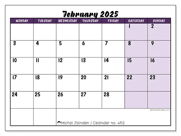Free printable calendar n° 453 for February 2025. Week: Monday to Sunday.