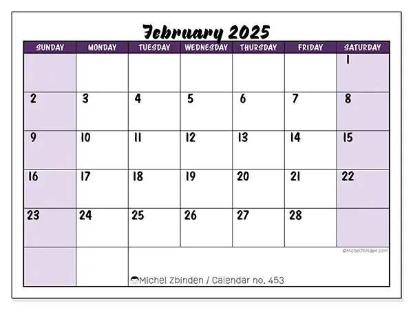 Free printable calendar n° 453 for February 2025. Week: Sunday to Saturday.