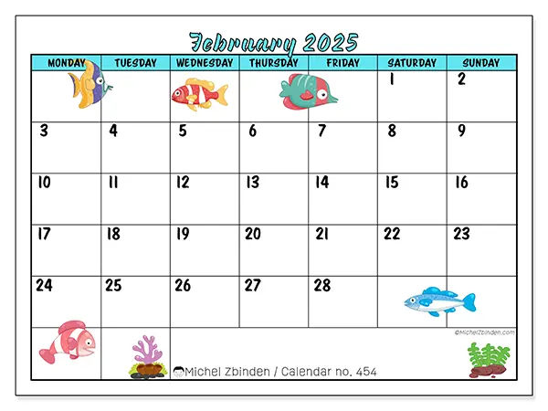 Free printable calendar n° 454 for February 2025. Week: Monday to Sunday.