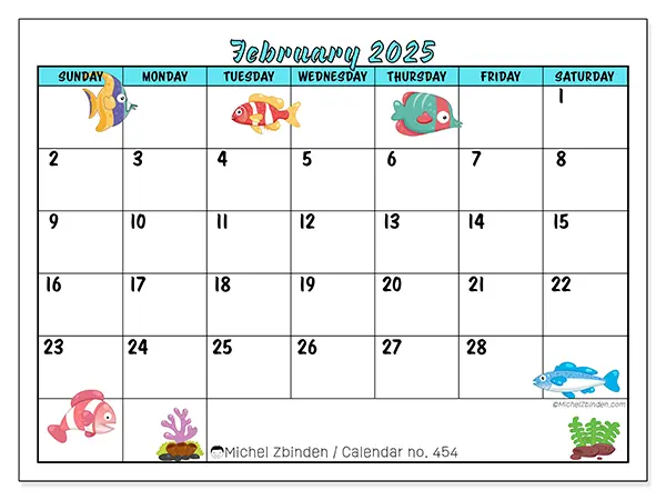Free printable calendar n° 454 for February 2025. Week: Sunday to Saturday.