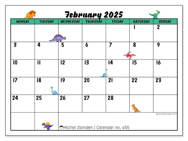 Free printable calendar n° 455 for February 2025. Week: Monday to Sunday.