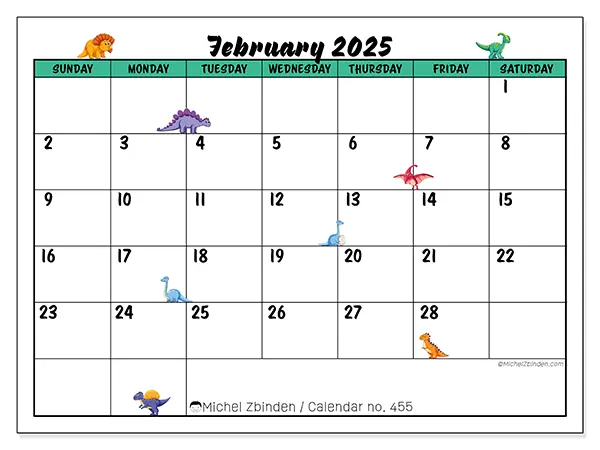 Free printable calendar n° 455 for February 2025. Week: Sunday to Saturday.