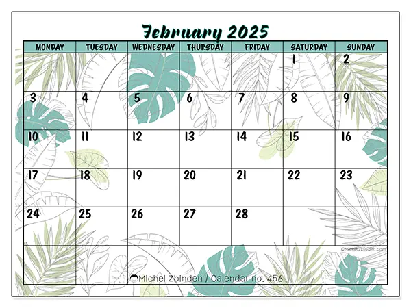 Free printable calendar n° 456 for February 2025. Week: Monday to Sunday.
