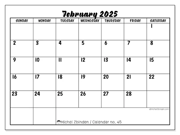 Free printable calendar n° 45 for February 2025. Week: Sunday to Saturday.