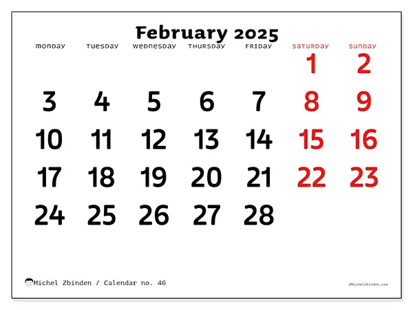 Free printable calendar no. 46 for February 2025. Week: Monday to Sunday.
