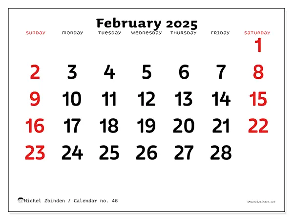 Free printable calendar no. 46 for February 2025. Week: Sunday to Saturday.