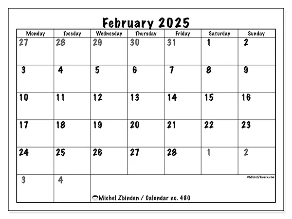 Free printable calendar no. 480 for February 2025. Week: Monday to Sunday.