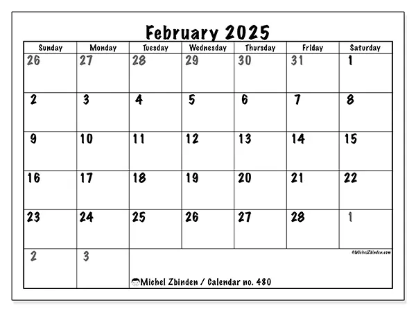 Free printable calendar no. 480 for February 2025. Week: Sunday to Saturday.