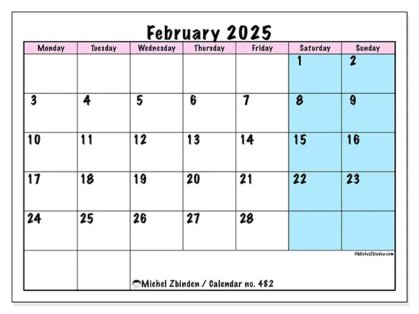 Printable calendar no. 482, February 2025