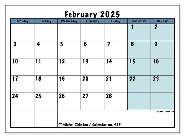 Free printable calendar no. 483 for February 2025. Week: Monday to Sunday.