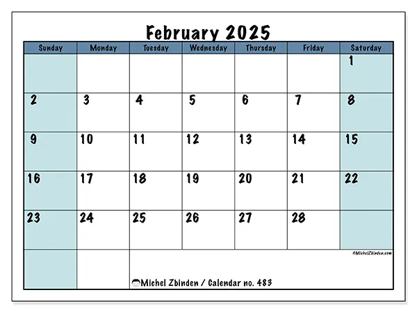 Free printable calendar no. 483 for February 2025. Week: Sunday to Saturday.