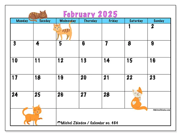 Free printable calendar no. 484 for February 2025. Week: Monday to Sunday.