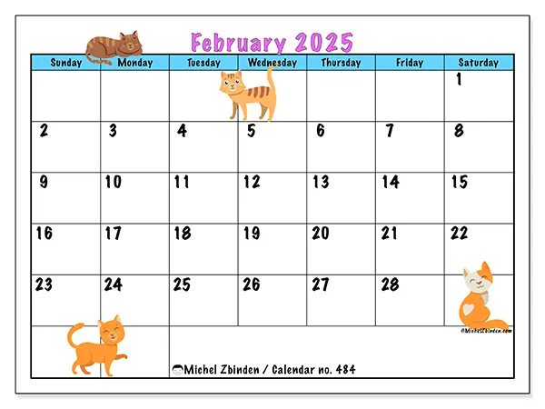 Free printable calendar no. 484 for February 2025. Week: Sunday to Saturday.