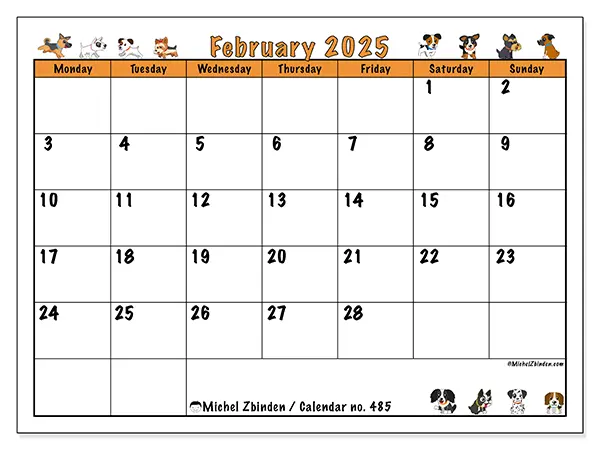 Free printable calendar no. 485 for February 2025. Week: Monday to Sunday.