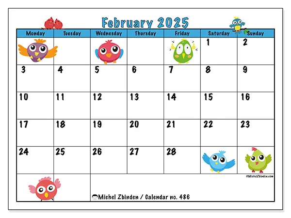 Free printable calendar no. 486 for February 2025. Week: Monday to Sunday.