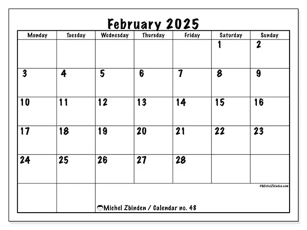 Free printable calendar no. 48 for February 2025. Week: Monday to Sunday.
