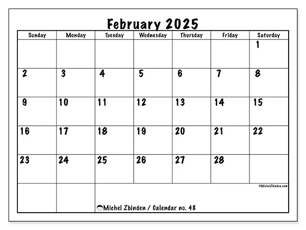 Free printable calendar no. 48 for February 2025. Week: Sunday to Saturday.