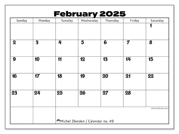 Free printable calendar no. 49 for February 2025. Week: Sunday to Saturday.