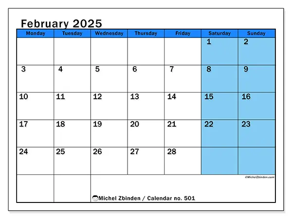 Free printable calendar no. 501 for February 2025. Week: Monday to Sunday.