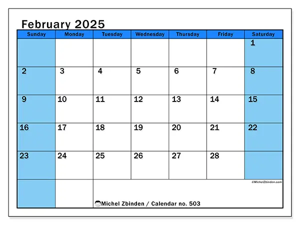 Free printable calendar no. 501 for February 2025. Week: Sunday to Saturday.