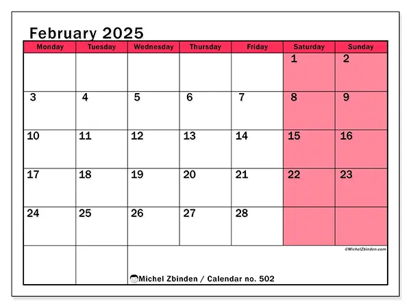 Free printable calendar no. 502, February 2025. Week:  Monday to Sunday