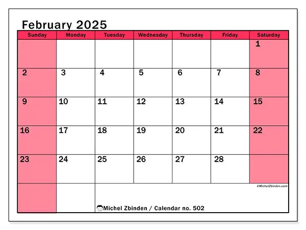 Free printable calendar no. 502 for February 2025. Week: Sunday to Saturday.
