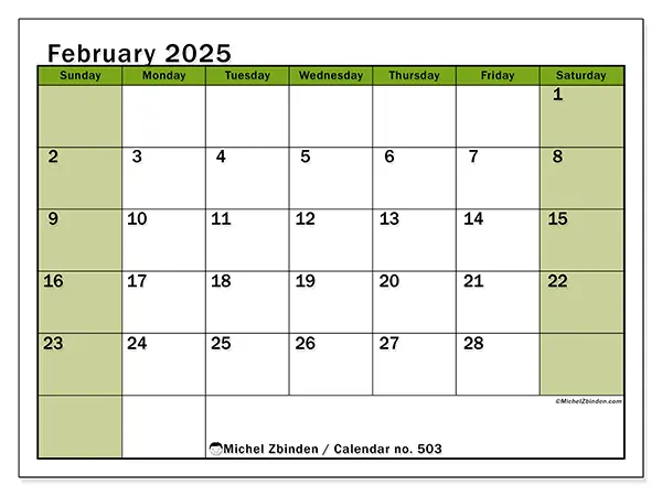 Free printable calendar no. 503 for February 2025. Week: Sunday to Saturday.