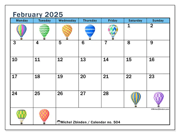 Free printable calendar no. 504, February 2025. Week:  Monday to Sunday