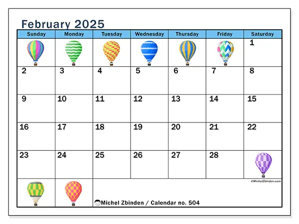 Free printable calendar no. 504 for February 2025. Week: Sunday to Saturday.
