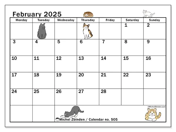 Free printable calendar no. 505, February 2025. Week:  Monday to Sunday