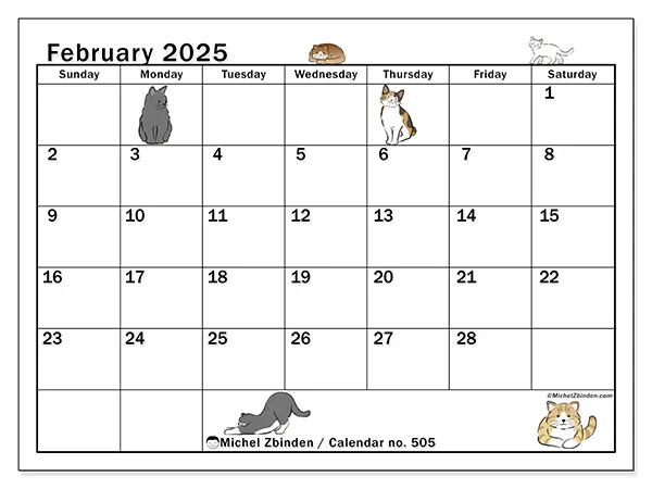 Free printable calendar no. 505 for February 2025. Week: Sunday to Saturday.