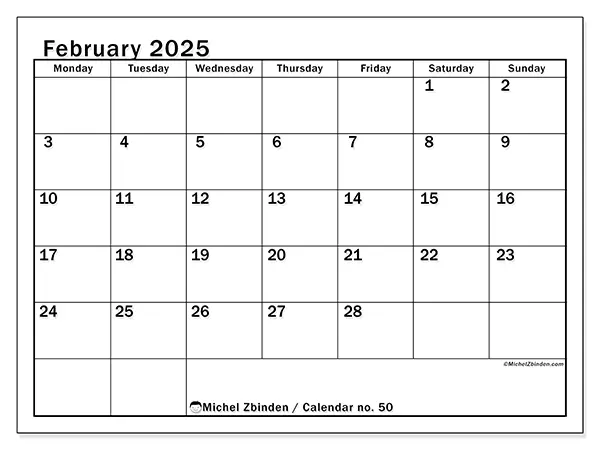 Free printable calendar no. 50 for February 2025. Week: Monday to Sunday.