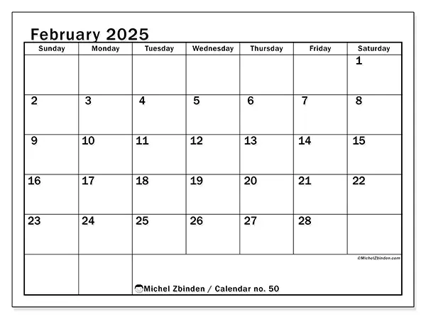 Free printable calendar no. 50 for February 2025. Week: Sunday to Saturday.