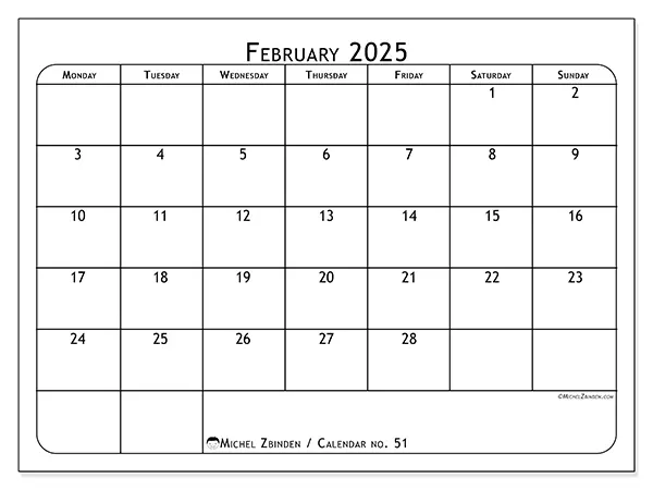 Free printable calendar no. 51 for February 2025. Week: Monday to Sunday.