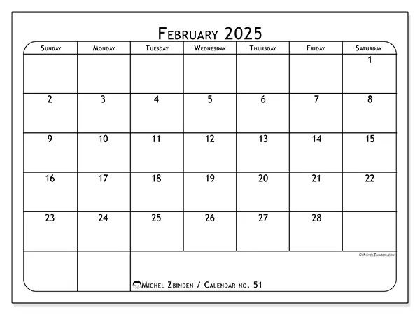 Free printable calendar no. 51 for February 2025. Week: Sunday to Saturday.