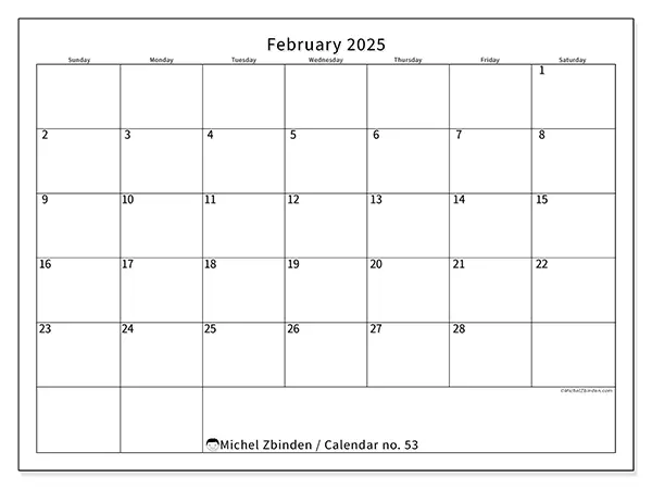 Free printable calendar no. 53 for February 2025. Week: Sunday to Saturday.