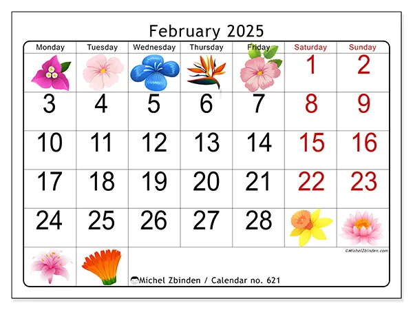 Free printable calendar no. 621 for February 2025. Week: Monday to Sunday.