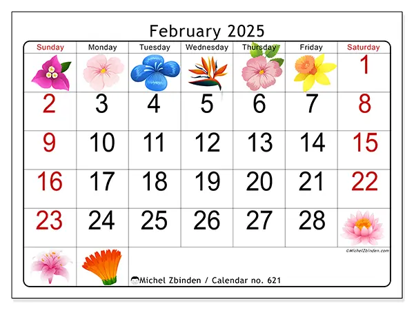 Free printable calendar no. 621 for February 2025. Week: Sunday to Saturday.