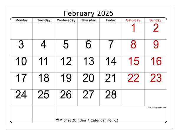 Free printable calendar no. 62 for February 2025. Week: Monday to Sunday.