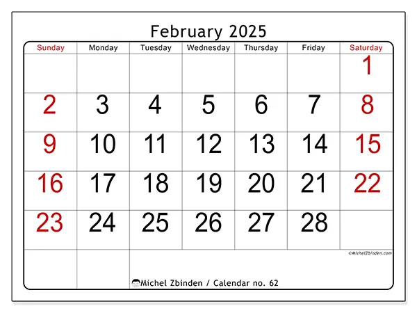 Free printable calendar no. 62 for February 2025. Week: Sunday to Saturday.