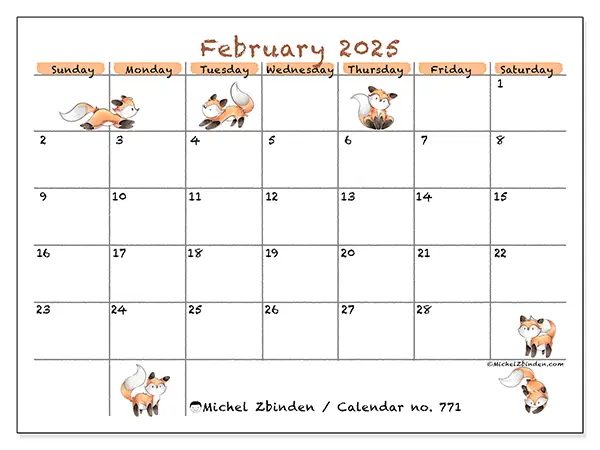 Free printable calendar no. 771 for February 2025. Week: Sunday to Saturday.